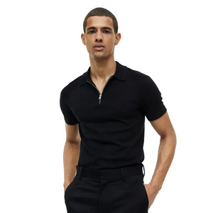 Premium Quality Men Black Classic Fitted Polo T Shirt With Half Zipper Turn Down Collar And Short Sleeves For Sale