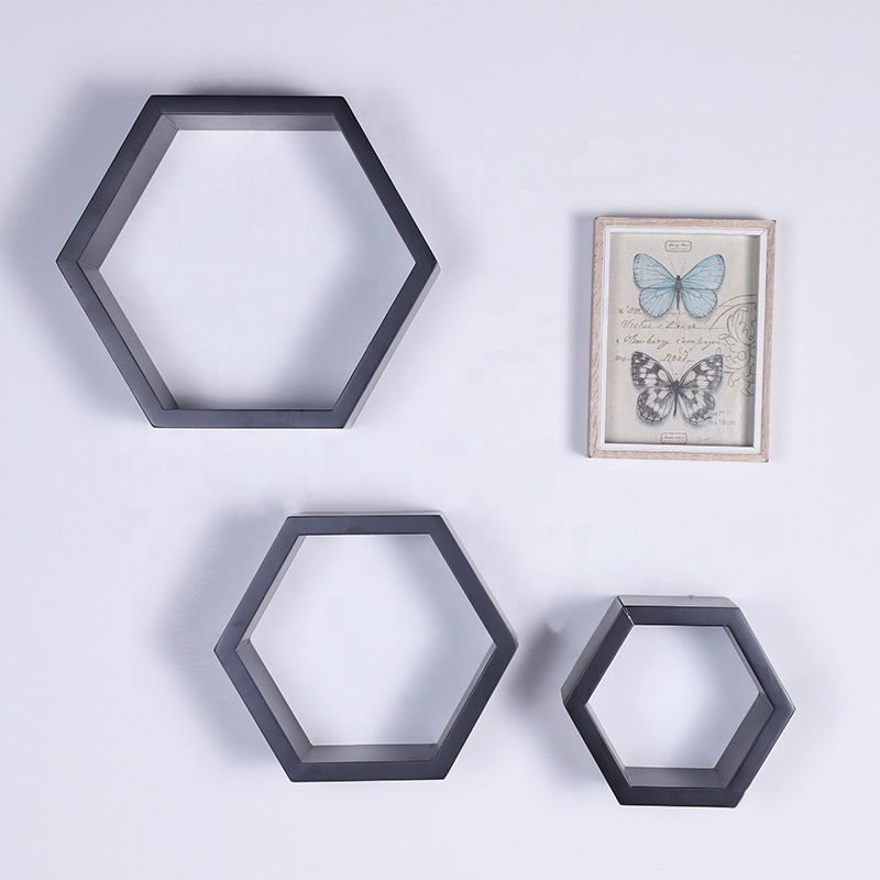 Excellent quality 3 of set mdf painting floating hexagon wood home wall shelf hexagon disarmable shelf set