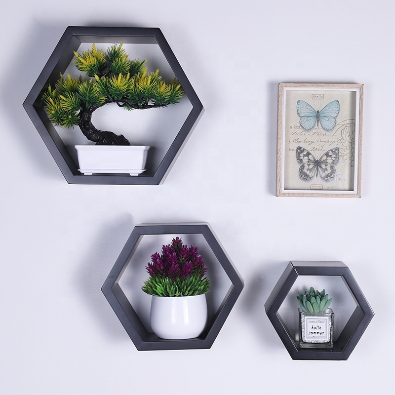 Excellent quality 3 of set mdf painting floating hexagon wood home wall shelf hexagon disarmable shelf set