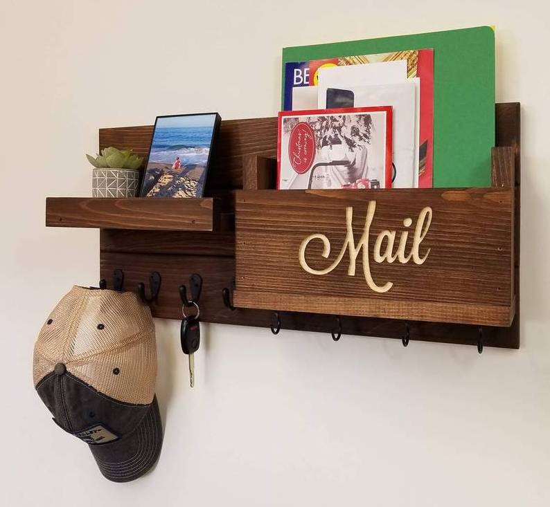 Entryway Mail Holder for Wall With 5 Key Hooks Wall Mount Mail Letter Key Rack Key Holder for Wall keychain hanger