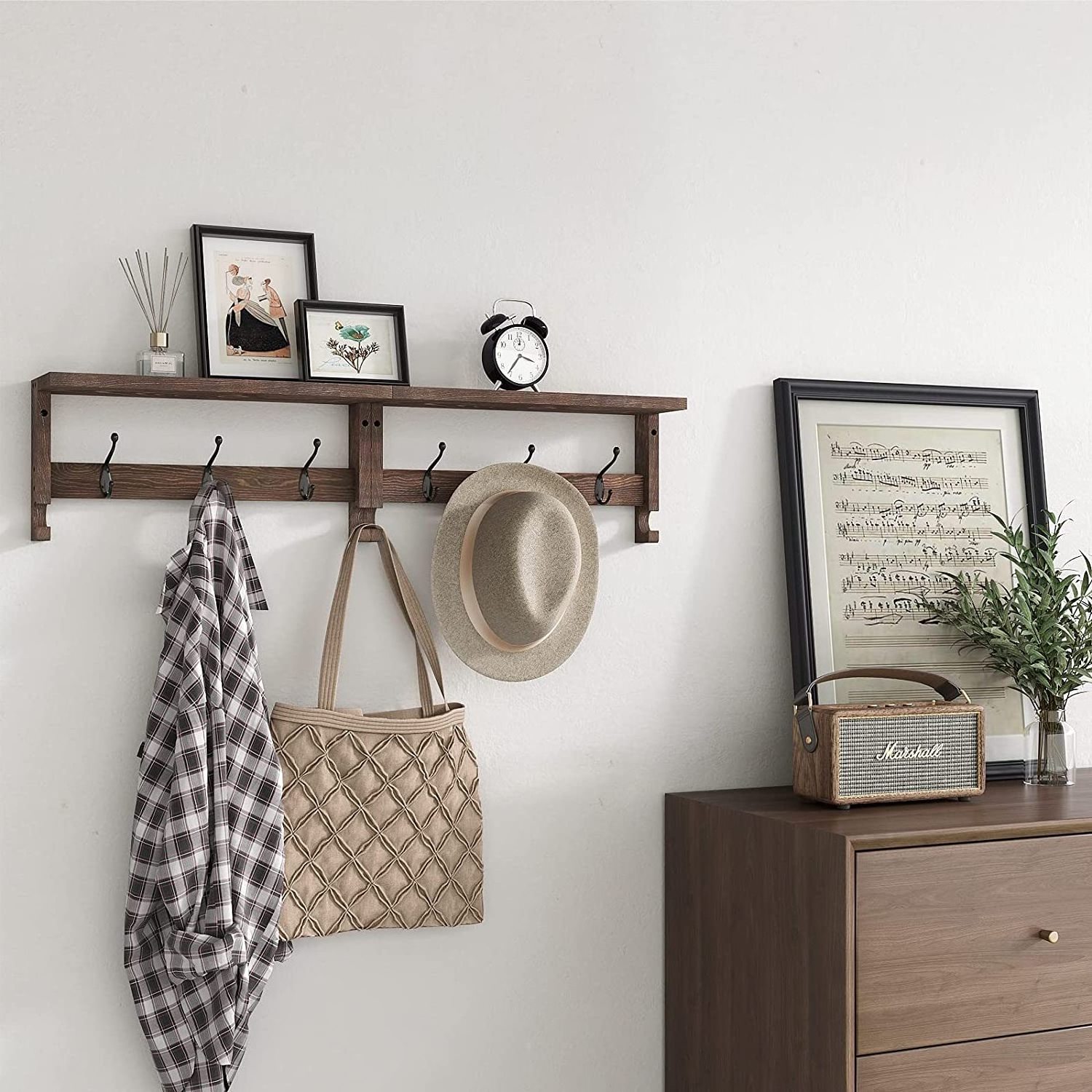 brown Entryway Shelf  coat hangers  Wood Coat Rack Wall-Mounted Coat rack Hooks with Shelf  living room