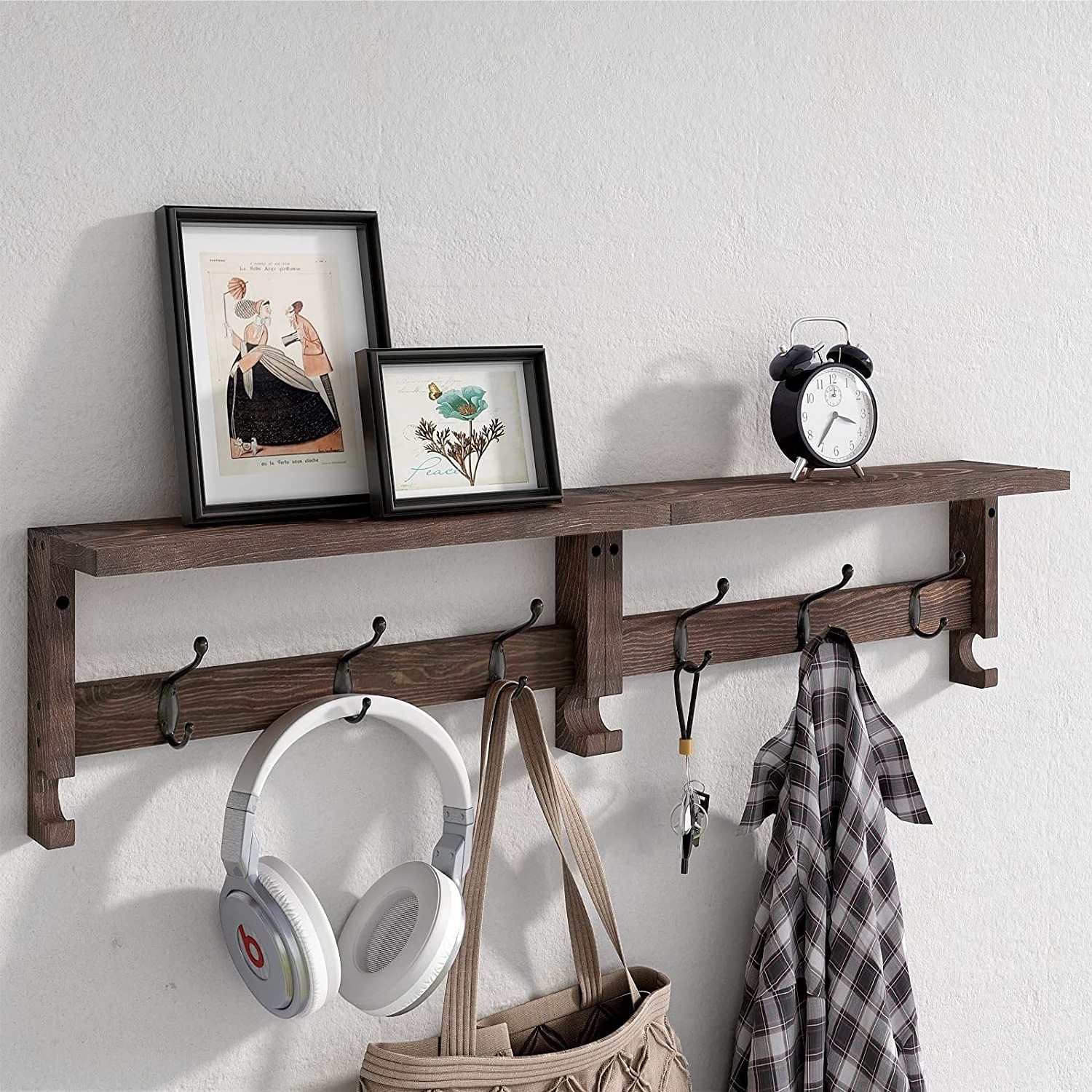 brown Entryway Shelf  coat hangers  Wood Coat Rack Wall-Mounted Coat rack Hooks with Shelf  living room