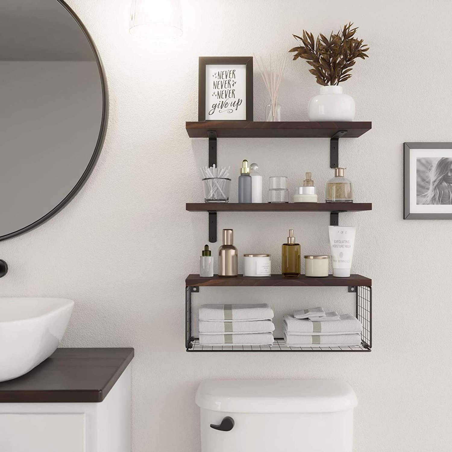 Wall Mounted Wood Floating Shelf  Bathroom Shelves Storage Floating Bathroom Shelves with Wire Basket Over Toilet for Wall Deco