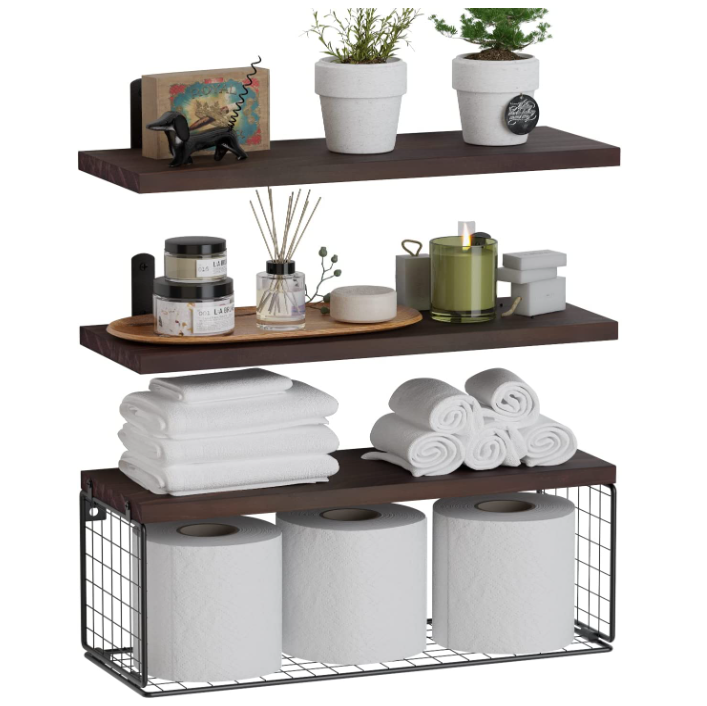 Wall Mounted Wood Floating Shelf  Bathroom Shelves Storage Floating Bathroom Shelves with Wire Basket Over Toilet for Wall Deco