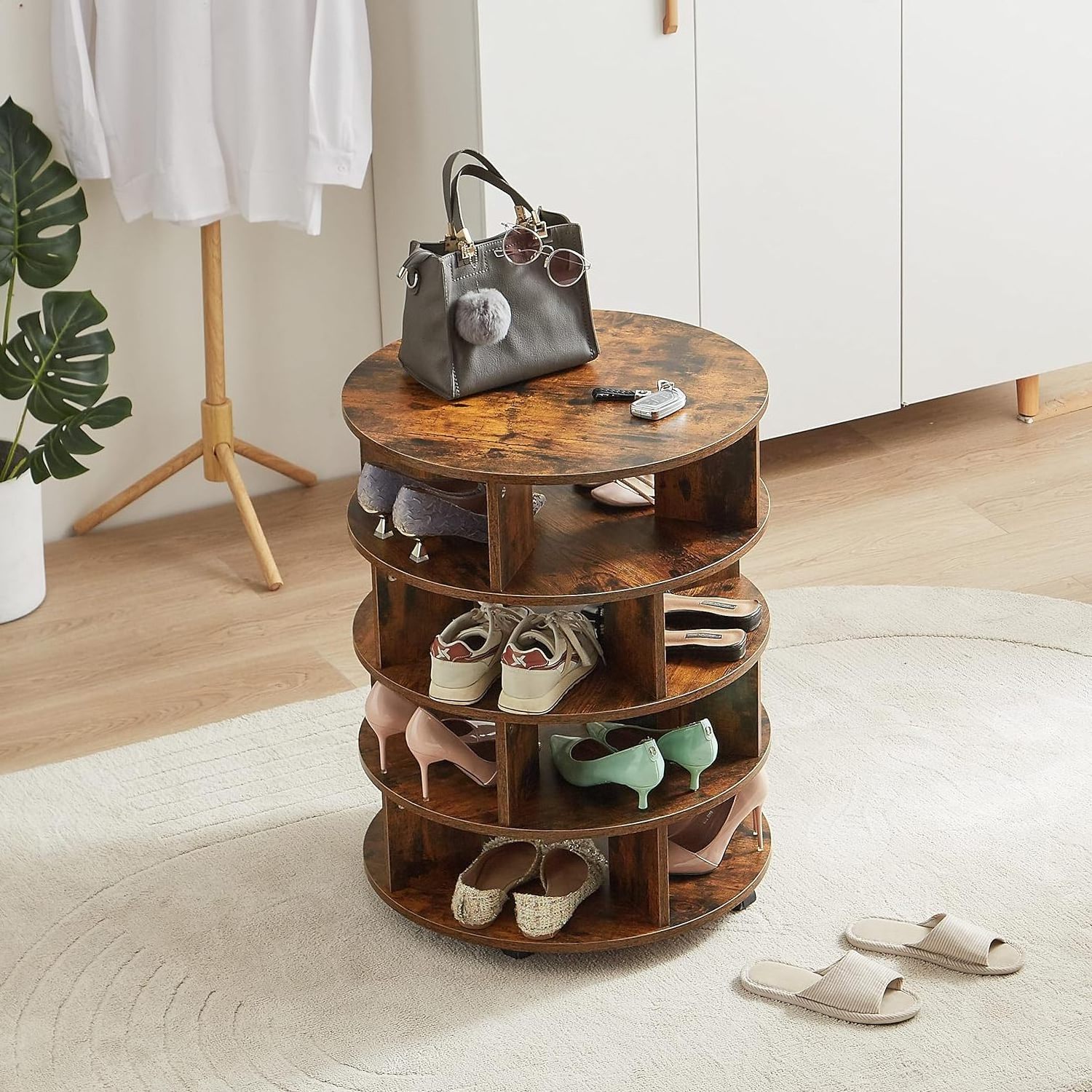 Wooden 4-Tier Revolving Shoe Rack Storage Organizer Shoe Cabinet on Wheels Rotating Shoe Rack