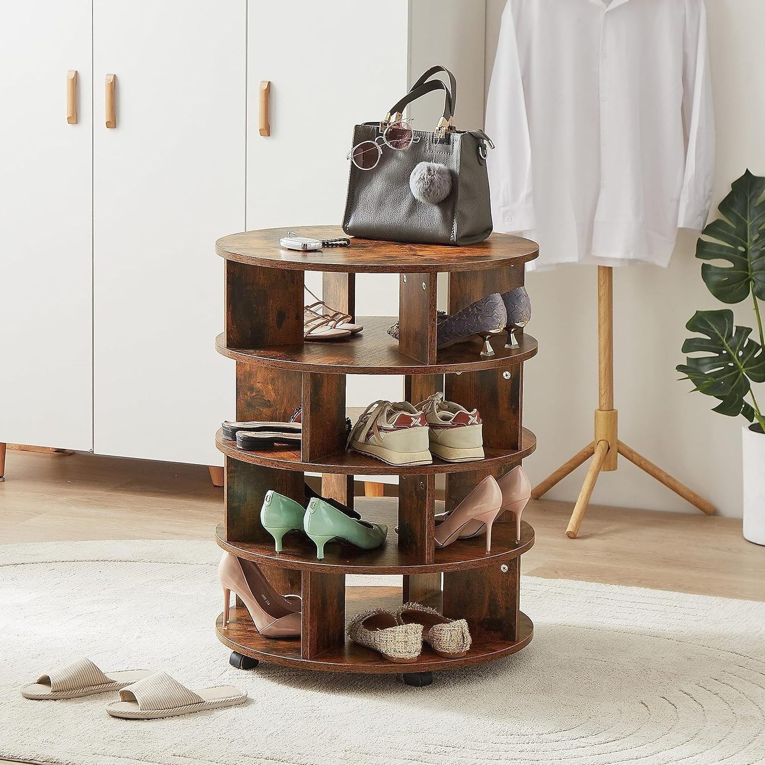 Wooden 4-Tier Revolving Shoe Rack Storage Organizer Shoe Cabinet on Wheels Rotating Shoe Rack