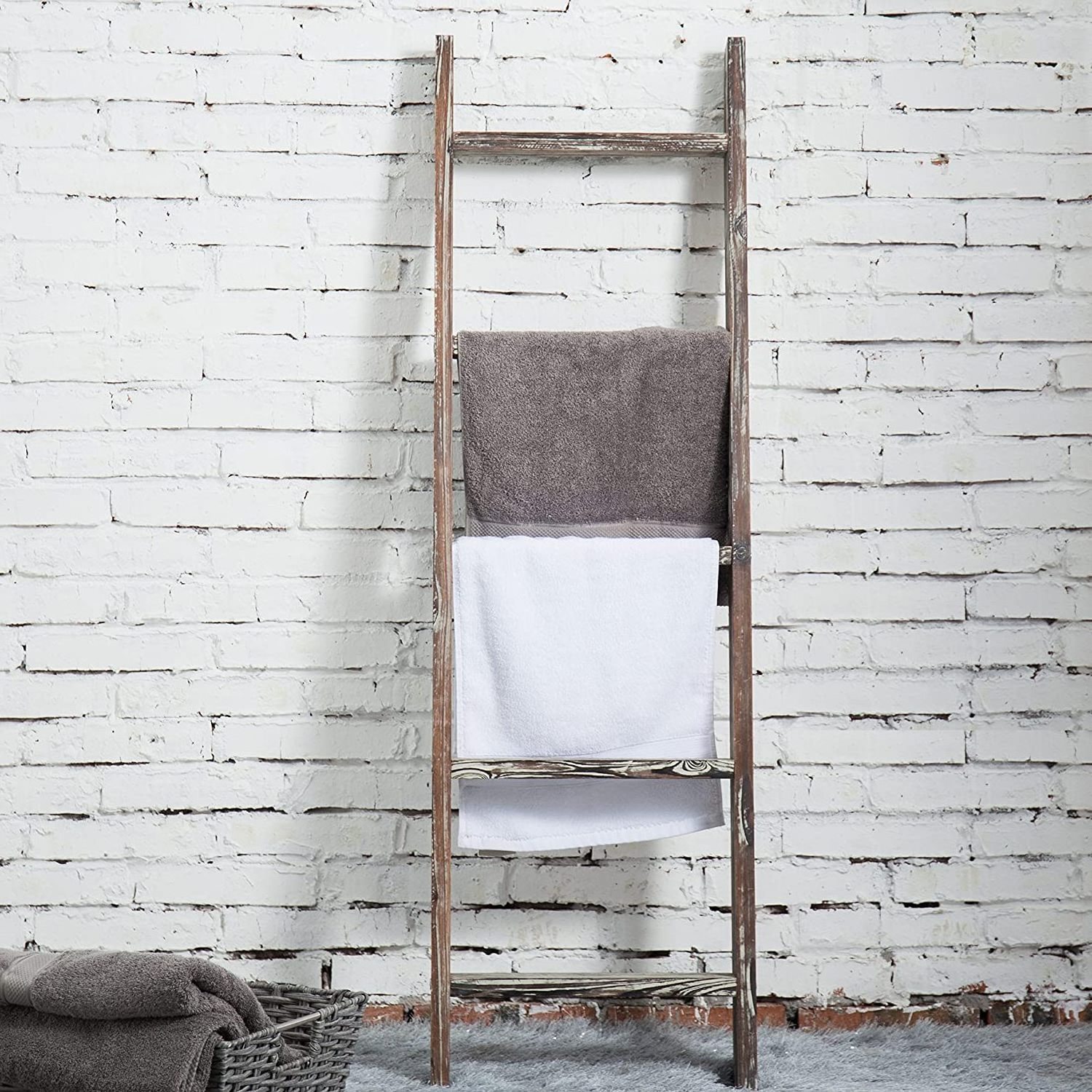 Brown Wood Decorative Ladder Shelf   Wall Leaning Wooden Towel Blanket Ladder Storage Rack for Bathroom or Living Room