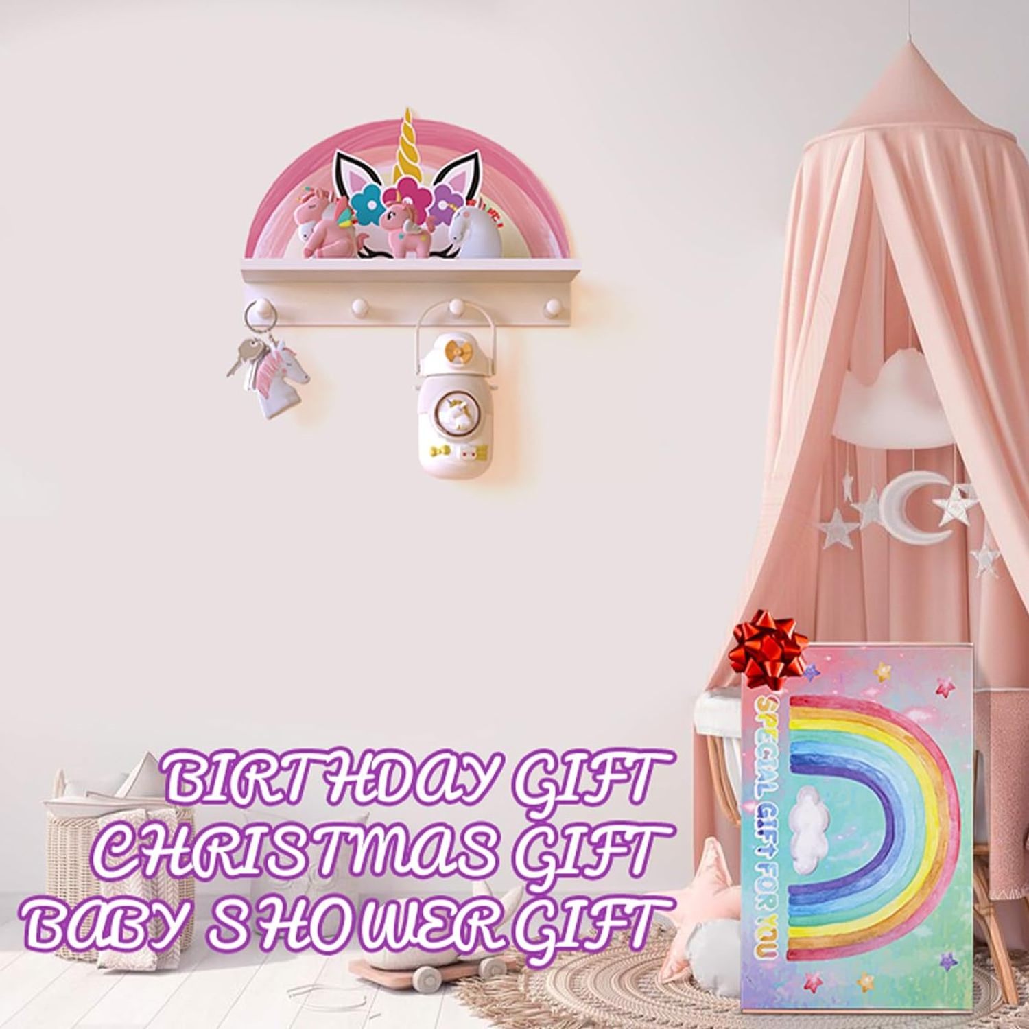 202405 Unicorn  Wooden Peg Shelf  Rainbow Decoration Kids  Floating Shelf Wall Mounted Kids Coat Rack Decor for Girls Bedroom