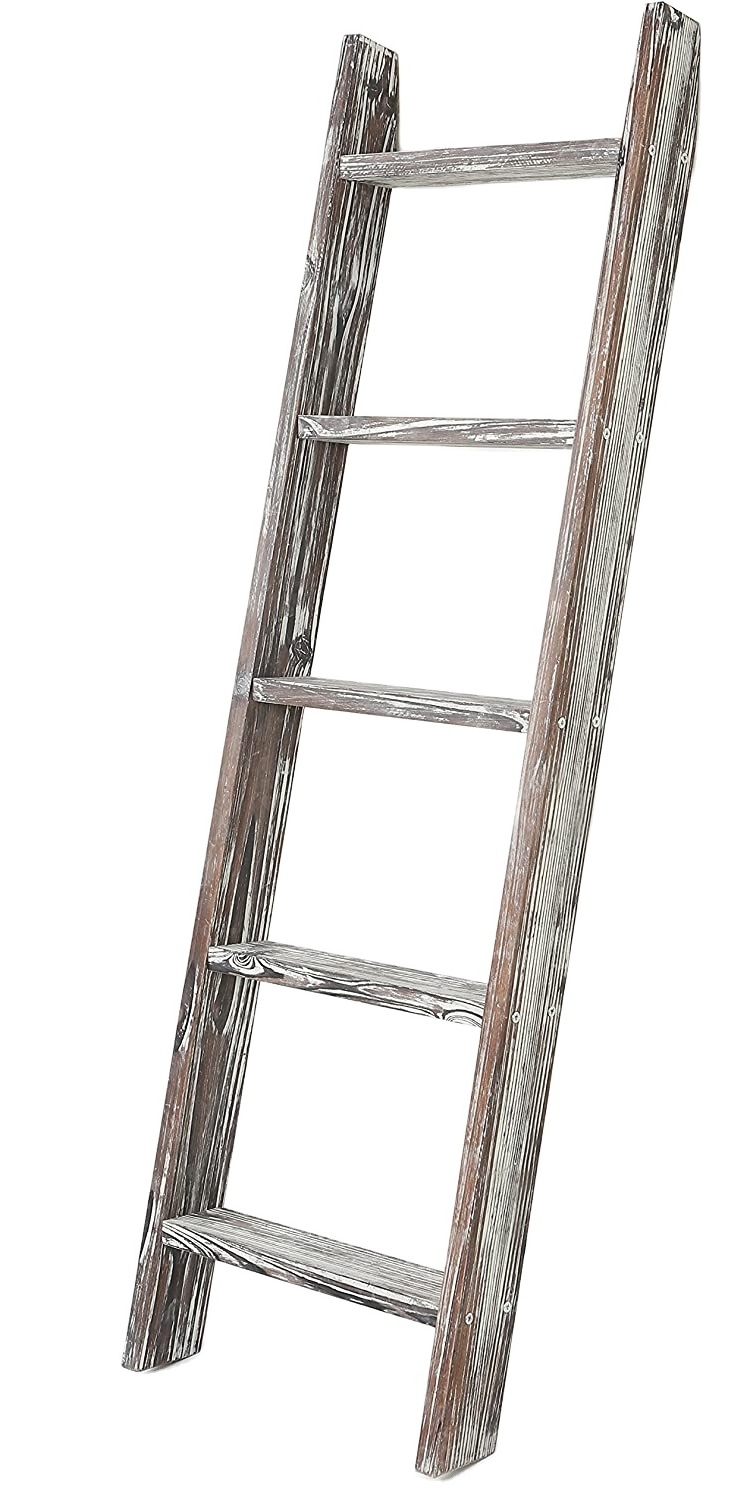 Brown Wood Decorative Ladder Shelf   Wall Leaning Wooden Towel Blanket Ladder Storage Rack for Bathroom or Living Room