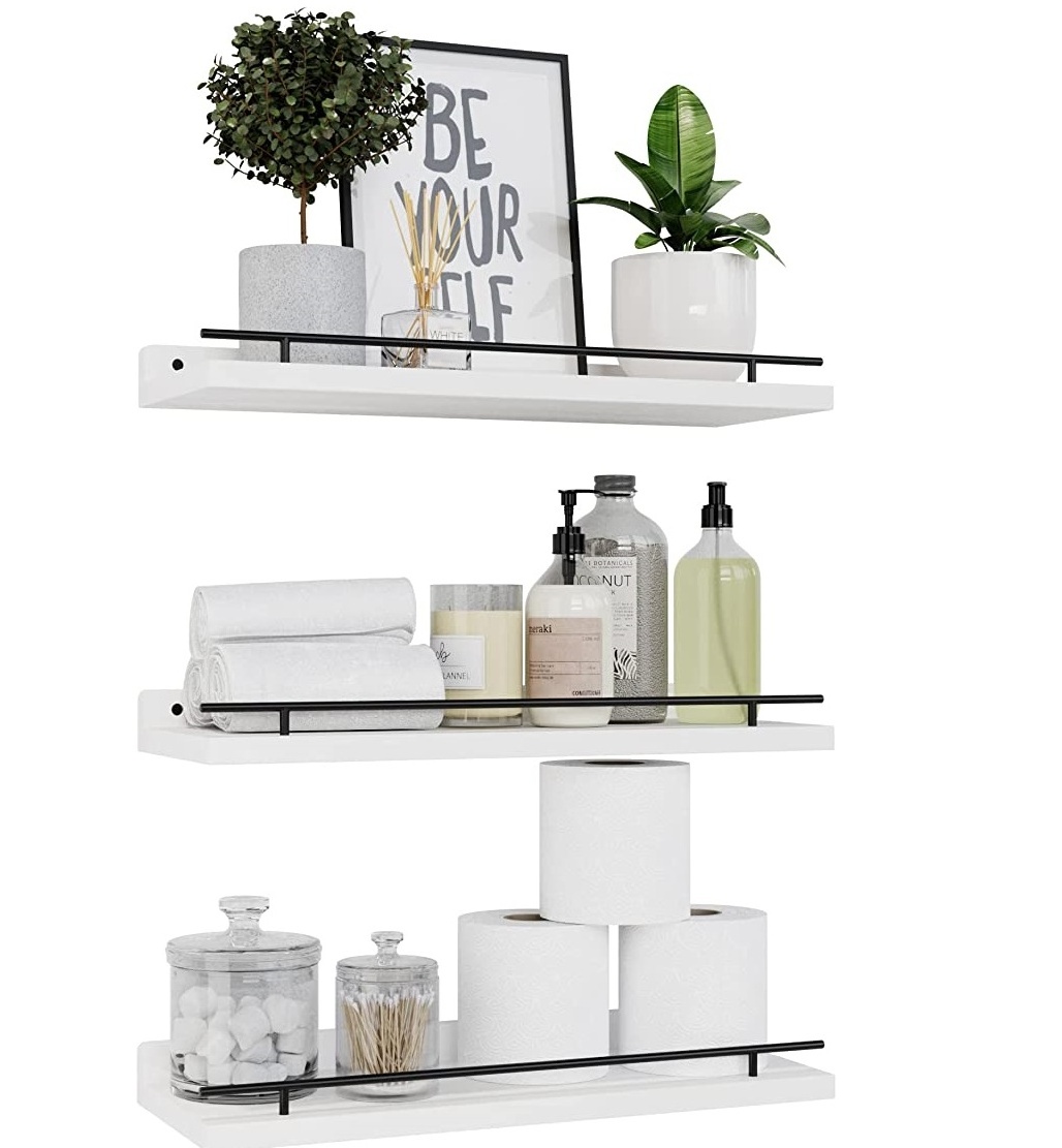 Hot sale wooden Wall Decor Set of 3 Floating Shelves with Black Metal Guardrail for Bedroom Bathroom Kitchen  Living Room