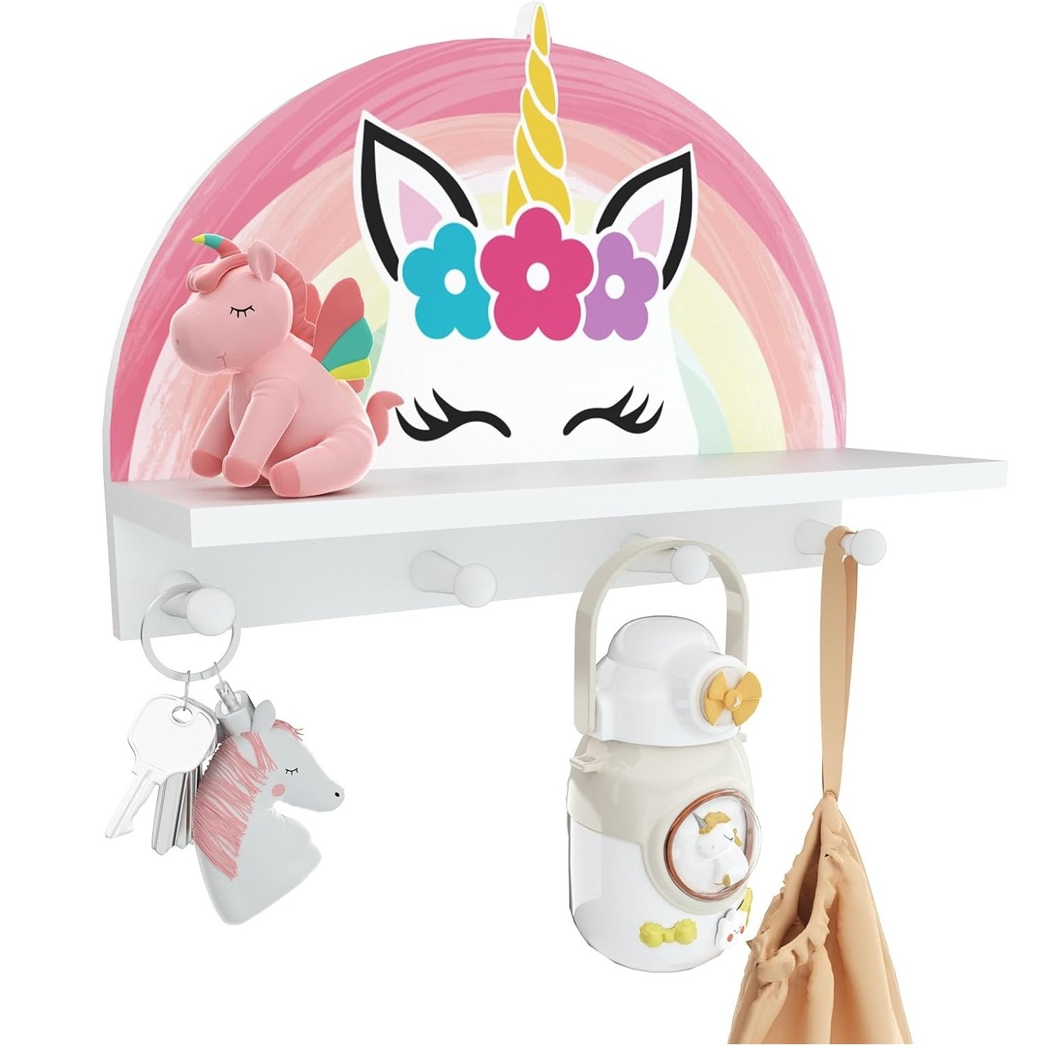 202405 Unicorn  Wooden Peg Shelf  Rainbow Decoration Kids  Floating Shelf Wall Mounted Kids Coat Rack Decor for Girls Bedroom