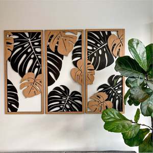 Monstera decoration 3 Piece wall panels Wooden frames  Monstera leaves  decor Plant wall art Jungle wall panel