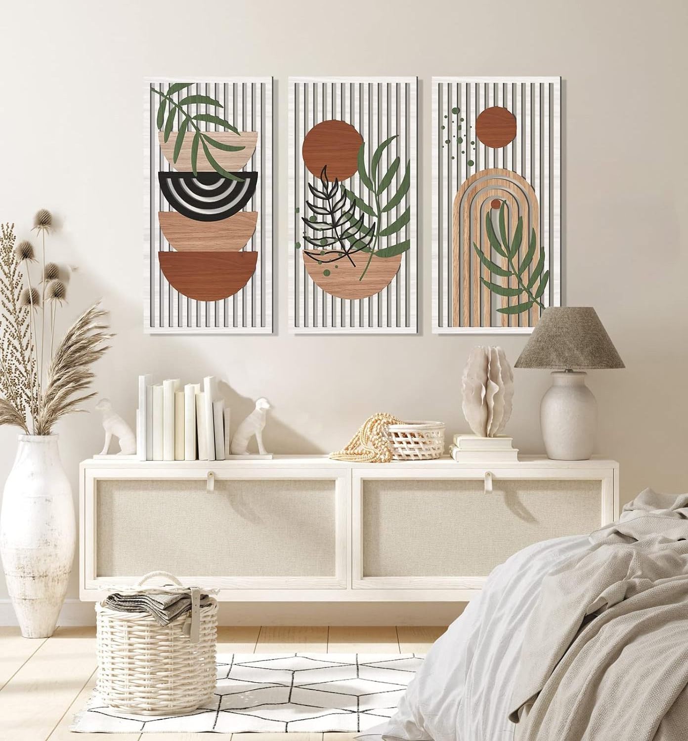 202405 Large Mid Century Modern Decor Wooden Wall Art Abstract Geometric Sun Moon Plant Nature Wall Decor