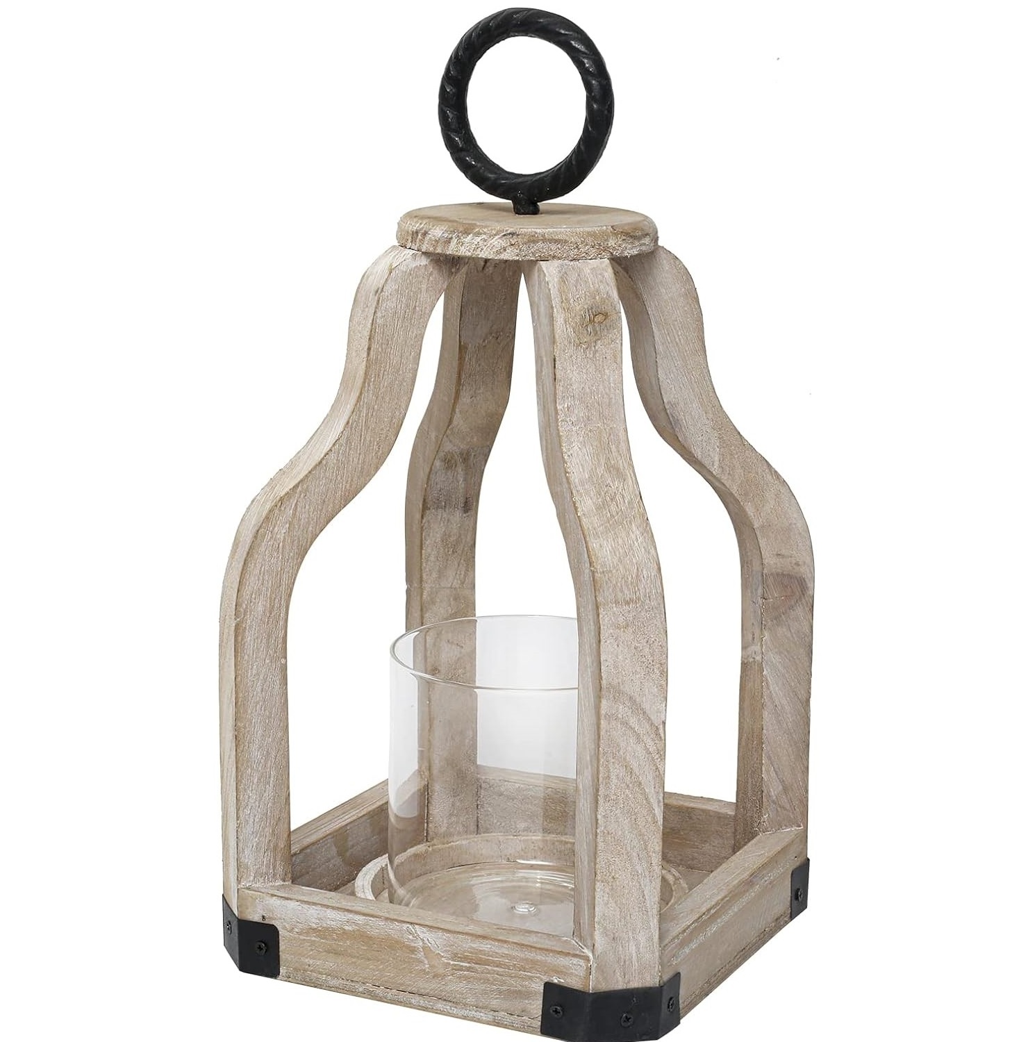 Rustic Farmhouse Wood Candle  Lantern  with Glass Candlestick Holder for Patio Table Centerpiece