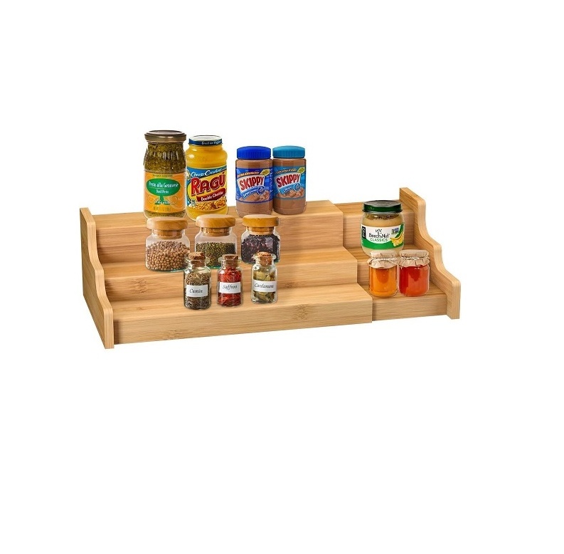 Factory Supply Wholesale Oem/Odm Wooden Spice Rack Kitchen Cabinet Organizer- 3 Tier Bamboo Expandable Display Shelf