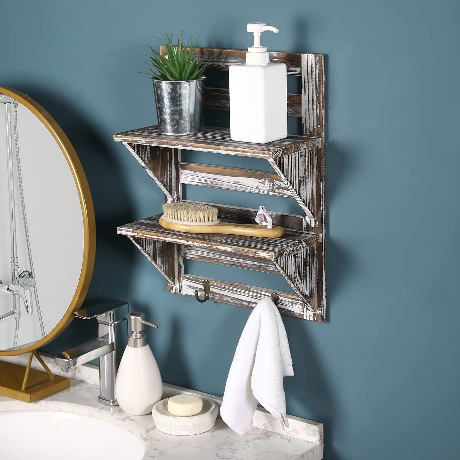 Bathroom Shelving  wall shelves Torched Wood Entryway Storage Display Shelves 2-Tier Wall Mounted Shelf Rack with Key Hooks