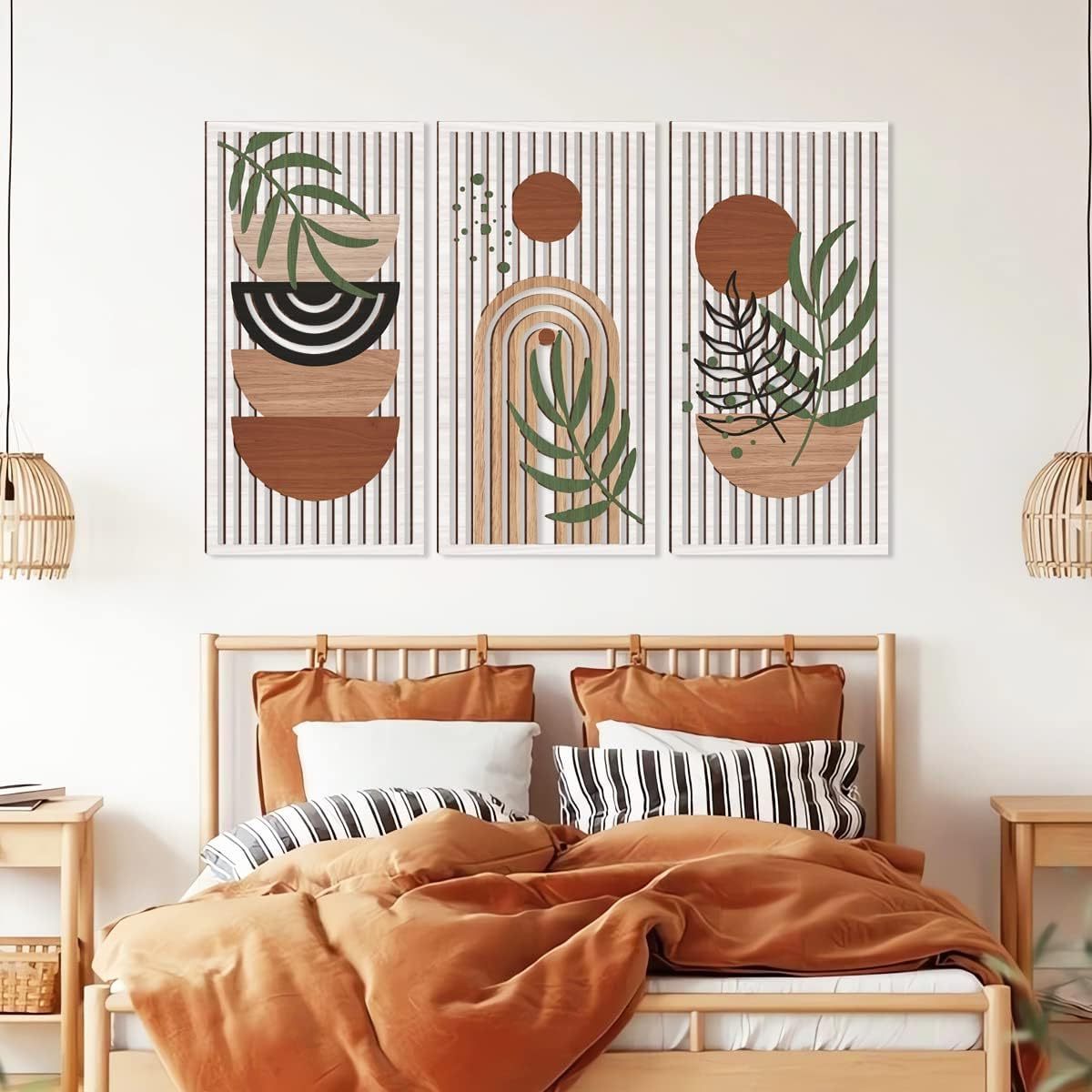 202405 Large Mid Century Modern Decor Wooden Wall Art Abstract Geometric Sun Moon Plant Nature Wall Decor