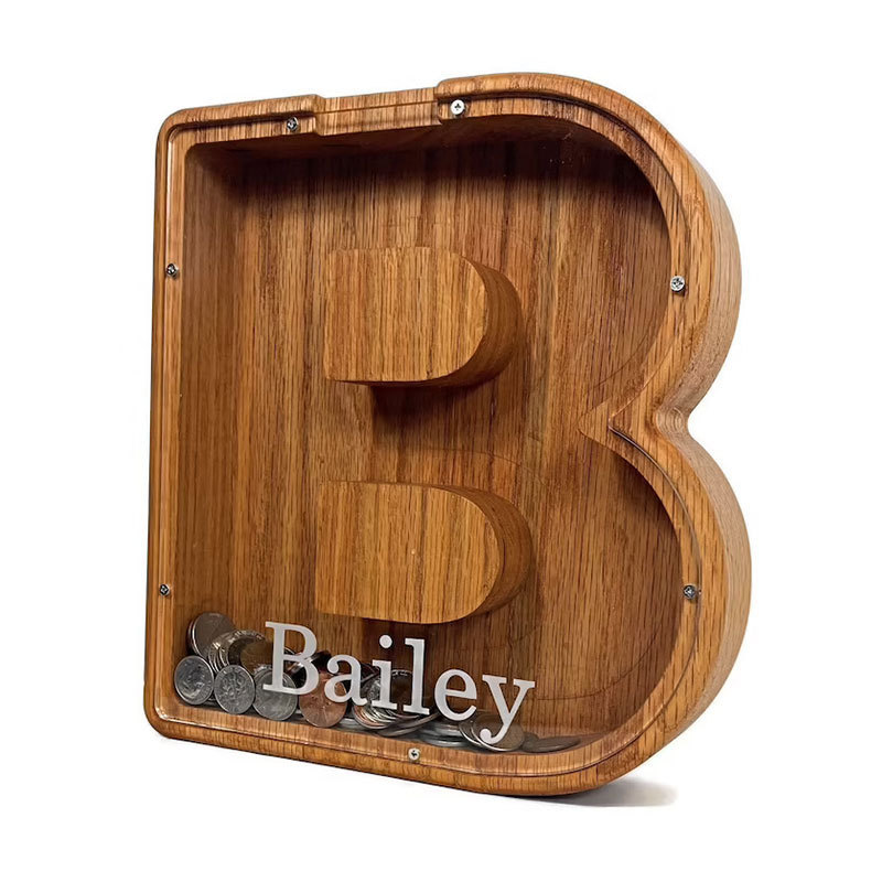 Wholesale Customized  English Alphabet Wood Piggy Bank 26 Letters Shaped Money Saving Boxes