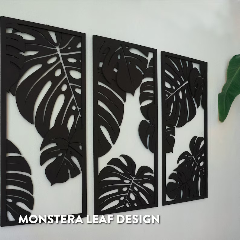 Monstera decoration 3 Piece wall panels Wooden frames  Monstera leaves  decor Plant wall art Jungle wall panel