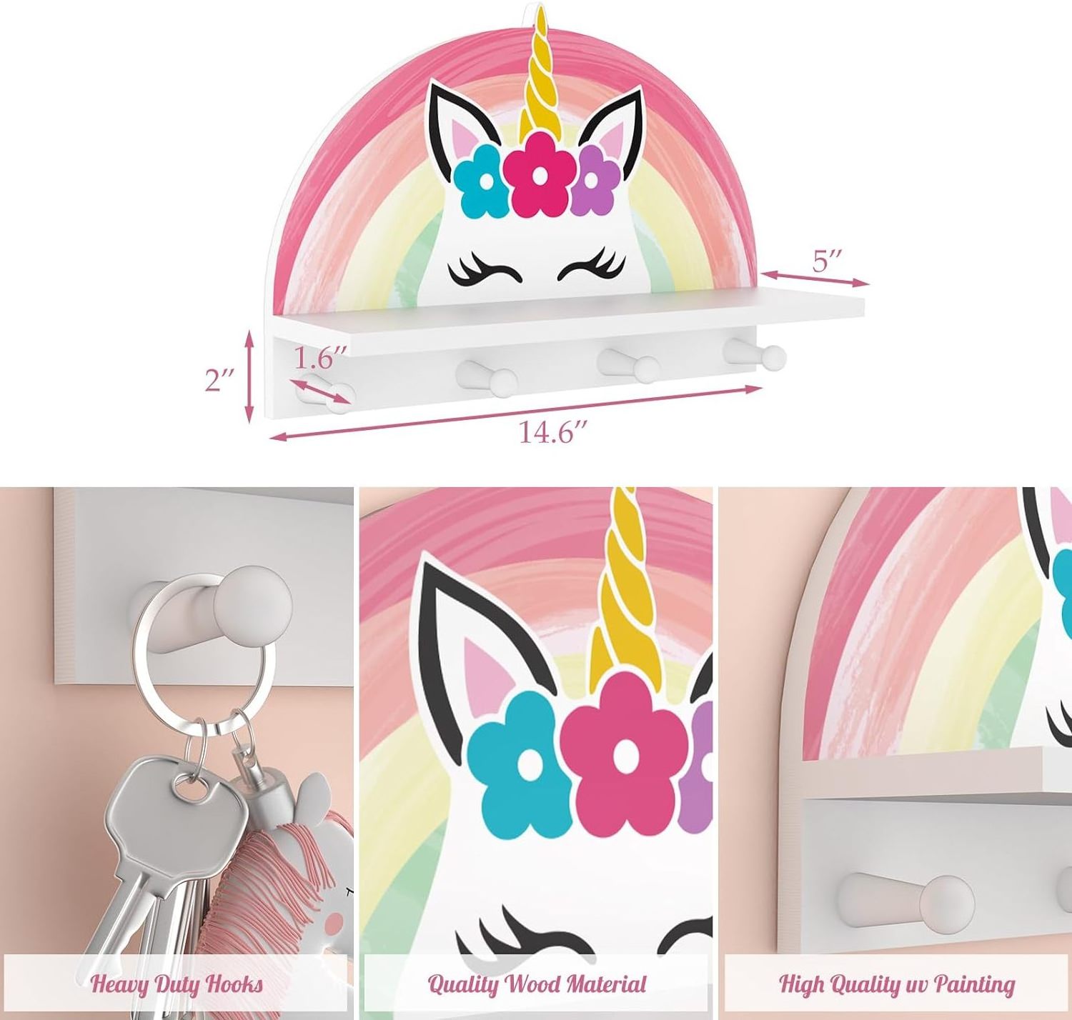 202405 Unicorn  Wooden Peg Shelf  Rainbow Decoration Kids  Floating Shelf Wall Mounted Kids Coat Rack Decor for Girls Bedroom