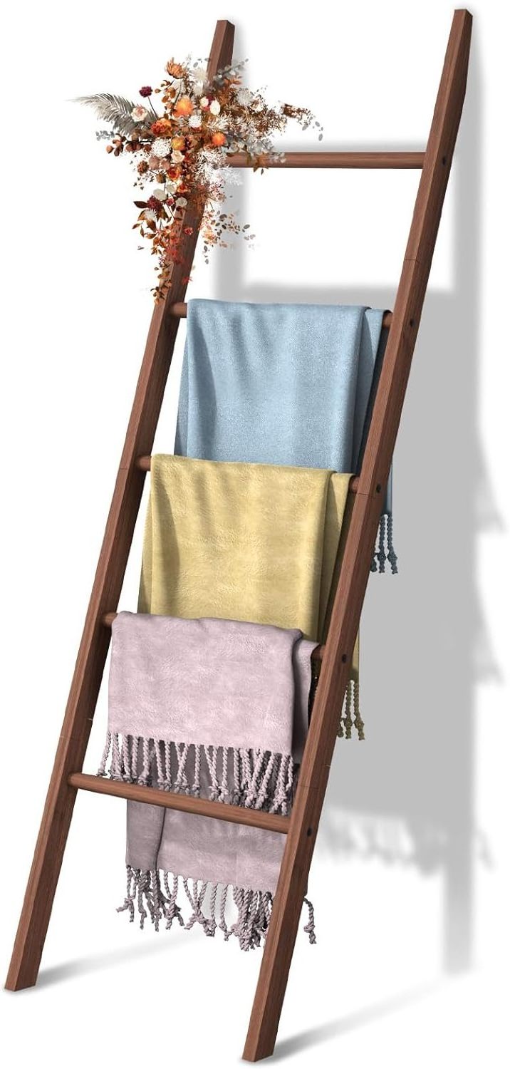 Rustic Farmhouse Ladder Shelf Easy Assembly 5-Tier Blanket Ladder Wooden Blanket Quilt Towel Holder Rack Decorative Ladder