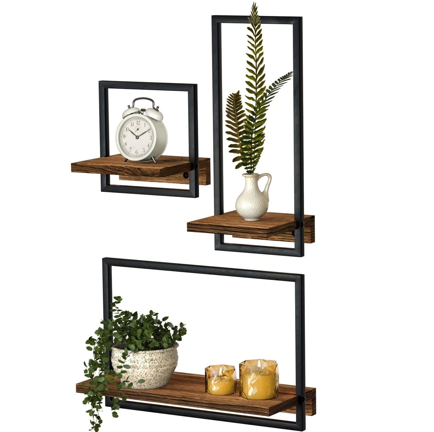 Home Decor Wall Mounted Display Organizing Shelf for Living Room Metal Frame Rustic Wooden Floating Hanging Shelves