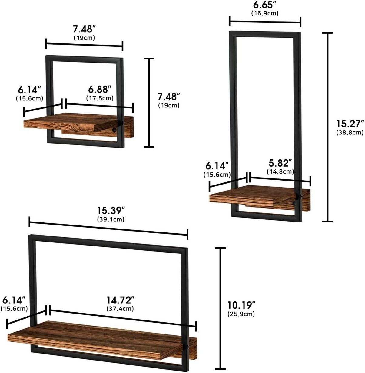 Home Decor Wall Mounted Display Organizing Shelf for Living Room Metal Frame Rustic Wooden Floating Hanging Shelves