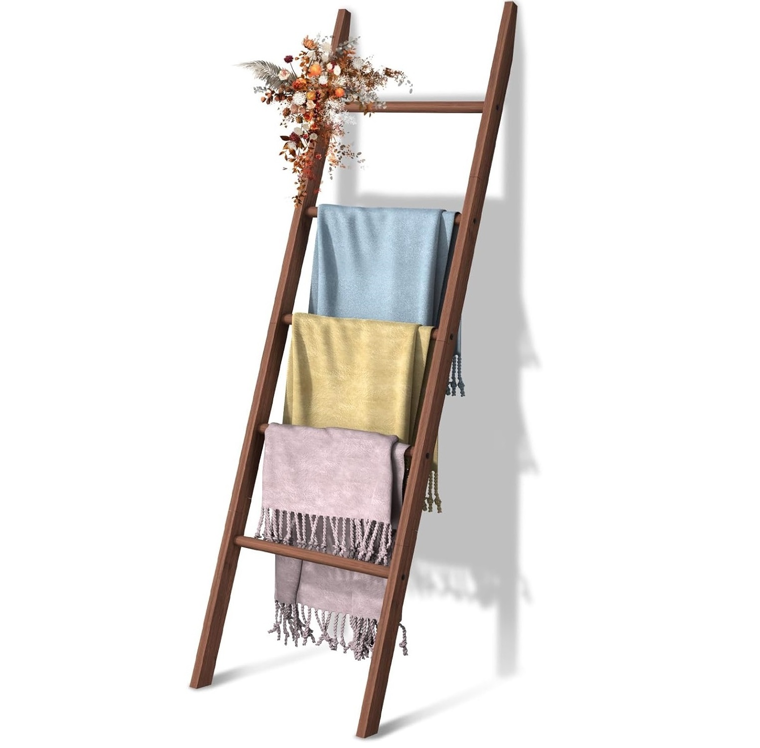 Rustic Farmhouse Ladder Shelf Easy Assembly 5-Tier Blanket Ladder Wooden Blanket Quilt Towel Holder Rack Decorative Ladder