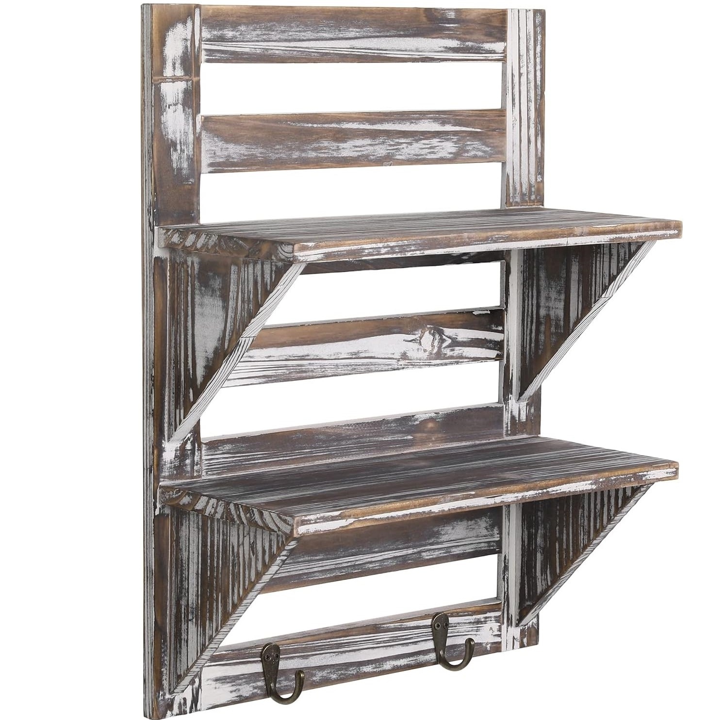 Bathroom Shelving  wall shelves Torched Wood Entryway Storage Display Shelves 2-Tier Wall Mounted Shelf Rack with Key Hooks