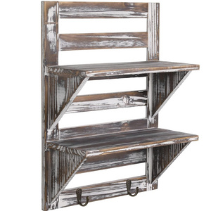 Bathroom Shelving  wall shelves Torched Wood Entryway Storage Display Shelves 2-Tier Wall Mounted Shelf Rack with Key Hooks