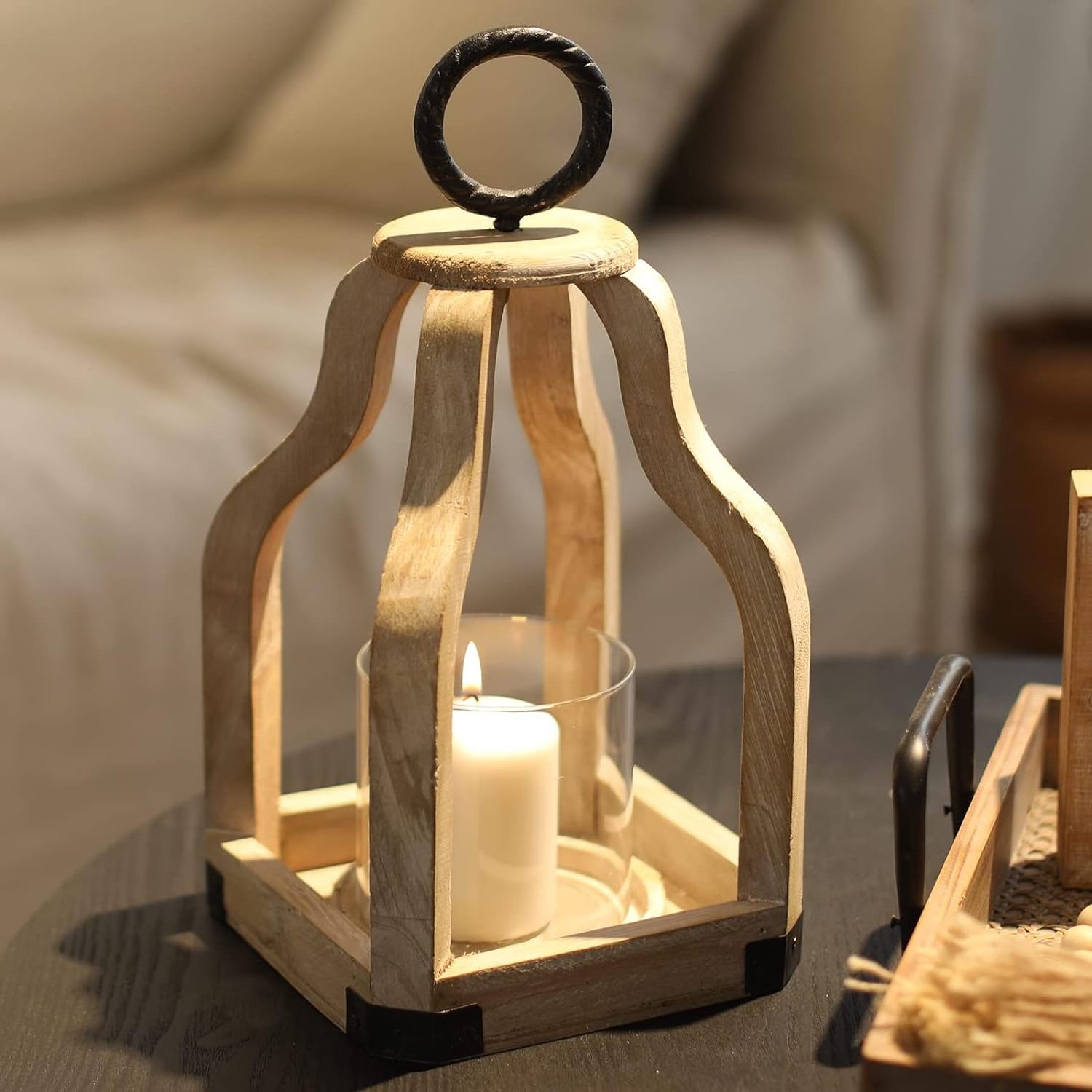 Rustic Farmhouse Wood Candle  Lantern  with Glass Candlestick Holder for Patio Table Centerpiece