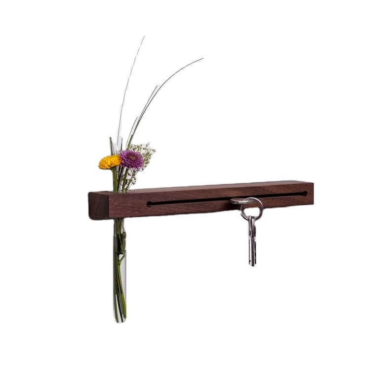 202405  Key Hooks Wall Decoration Board with Shelf Wooden Key Holder with Vase for Flowers