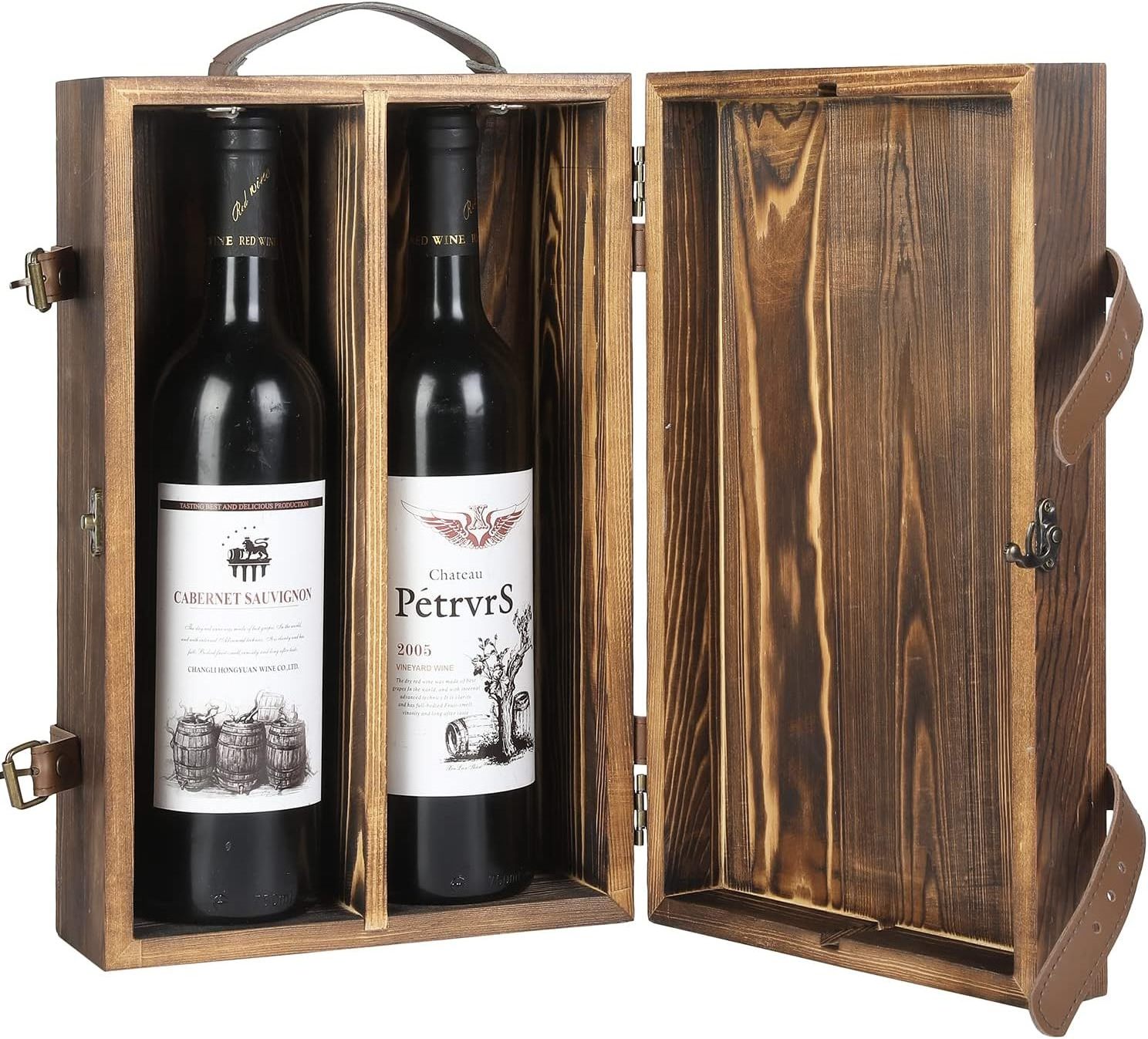 Hot sale Rustic Burnt Wood Wine Box with Latched Lid  Customized Cheap Double Bottle Decorative Wine Box with Top Leather Handle