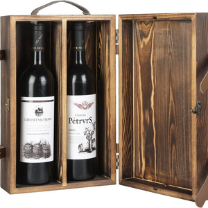 Hot sale Rustic Burnt Wood Wine Box with Latched Lid  Customized Cheap Double Bottle Decorative Wine Box with Top Leather Handle