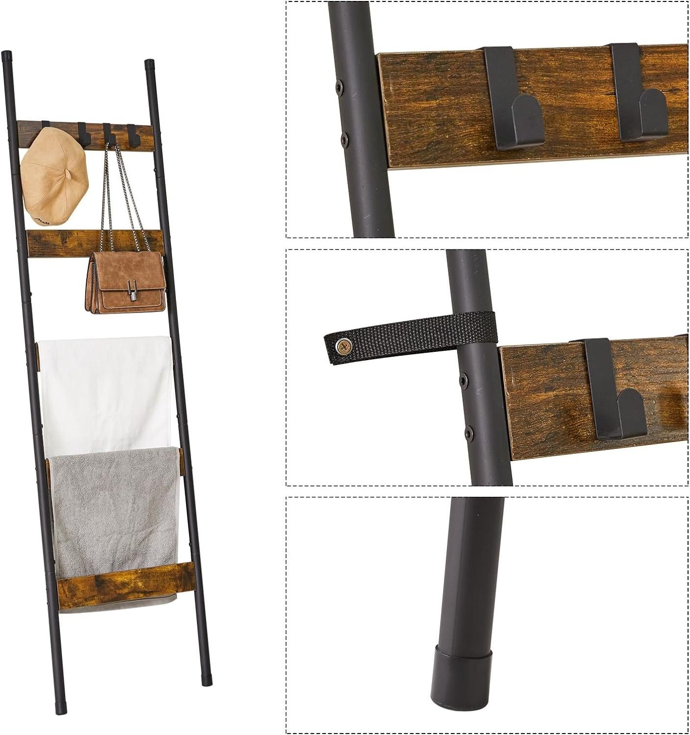 202405 Blanket Rack Towel Rack Holder with Hooks Blanket Ladders Wall Leaning Metal Holder Rack