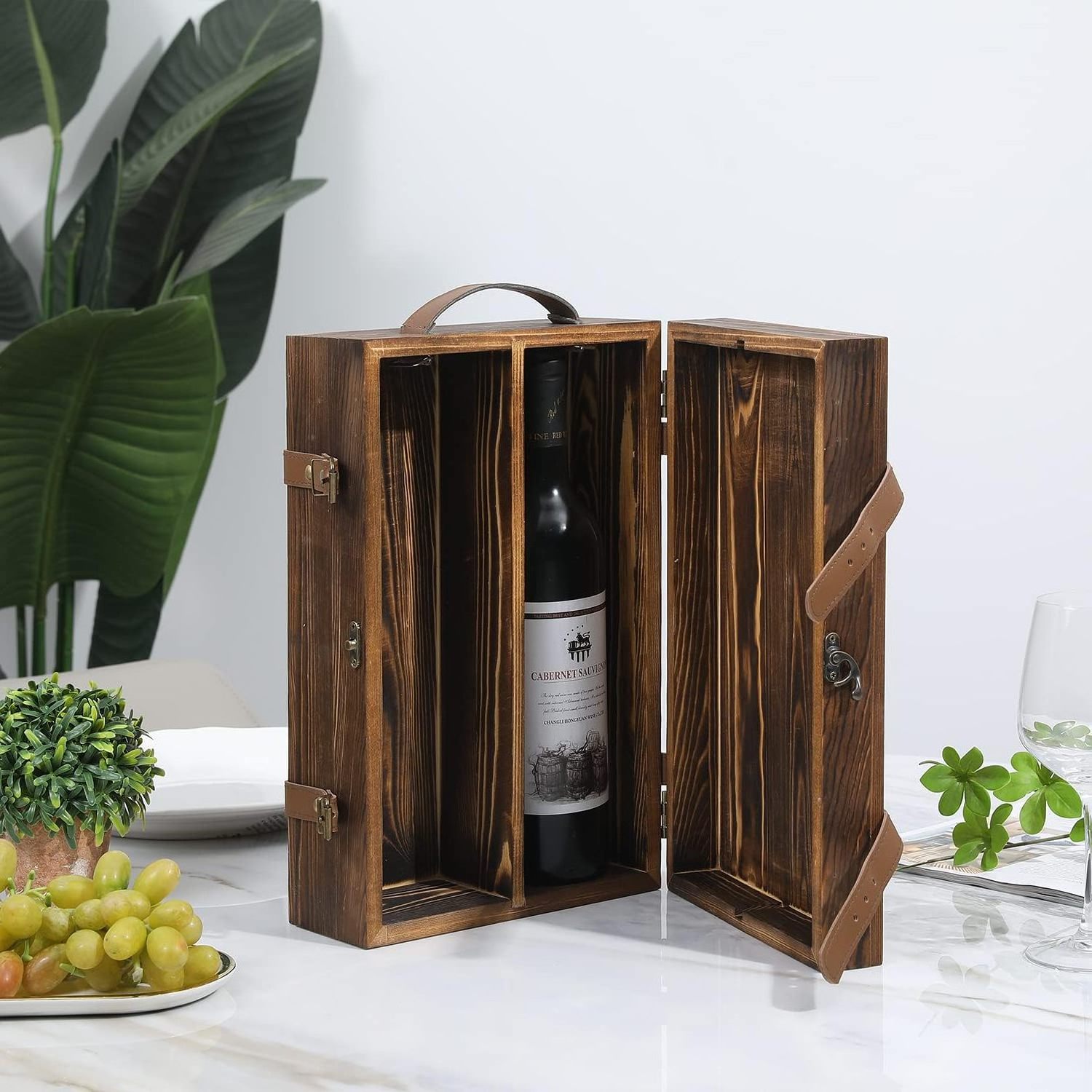 Hot sale Rustic Burnt Wood Wine Box with Latched Lid  Customized Cheap Double Bottle Decorative Wine Box with Top Leather Handle