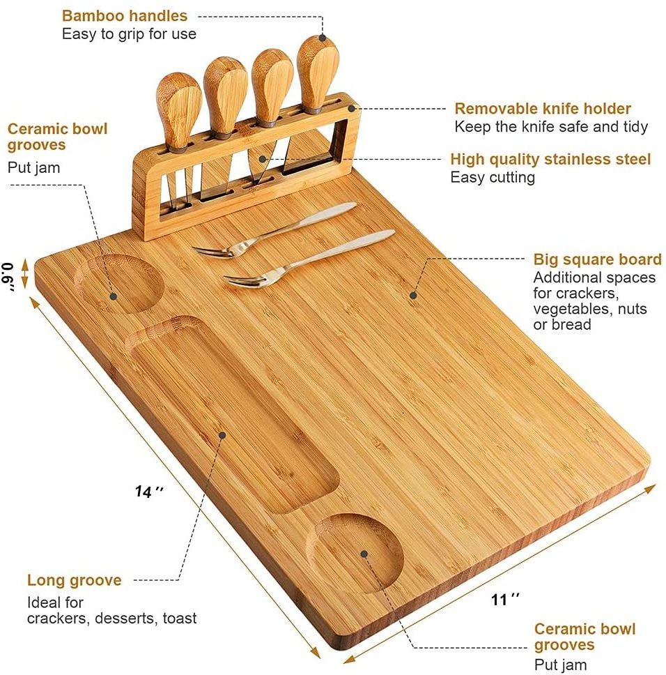 Bamboo Cheese Board Set Charcuterie Board and Serving Meat Platter with 4 Stainless Steel Cheese Knives