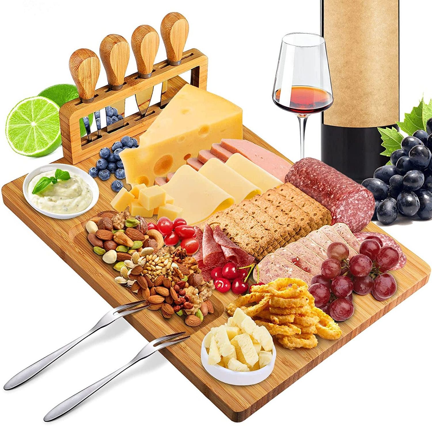 Bamboo Cheese Board Set Charcuterie Board and Serving Meat Platter with 4 Stainless Steel Cheese Knives