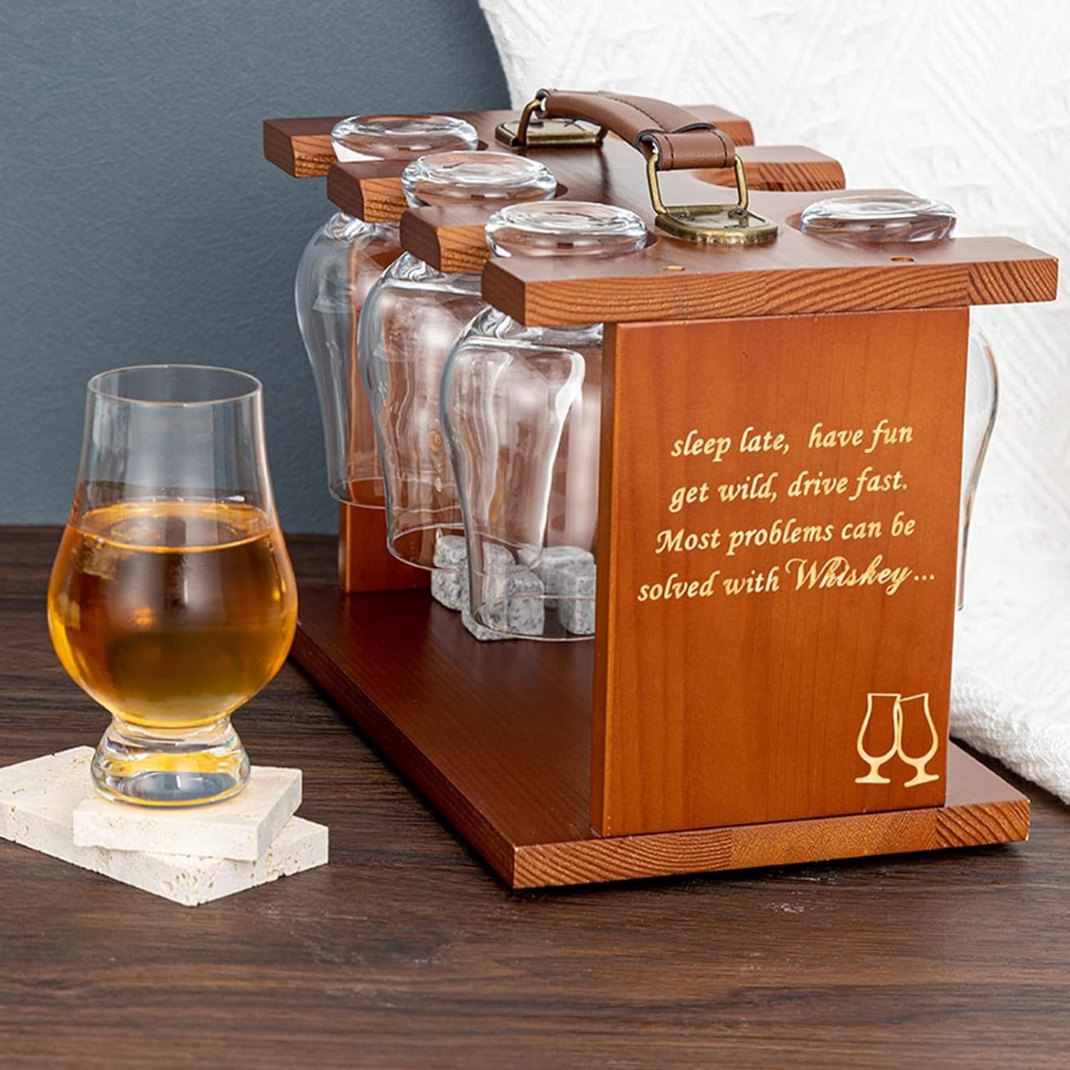 202405 Wooden Whisky Tasting Glass Rack Glassware Drying Holder Carrier Bourbon Whiskey Glasses Storage Organizer