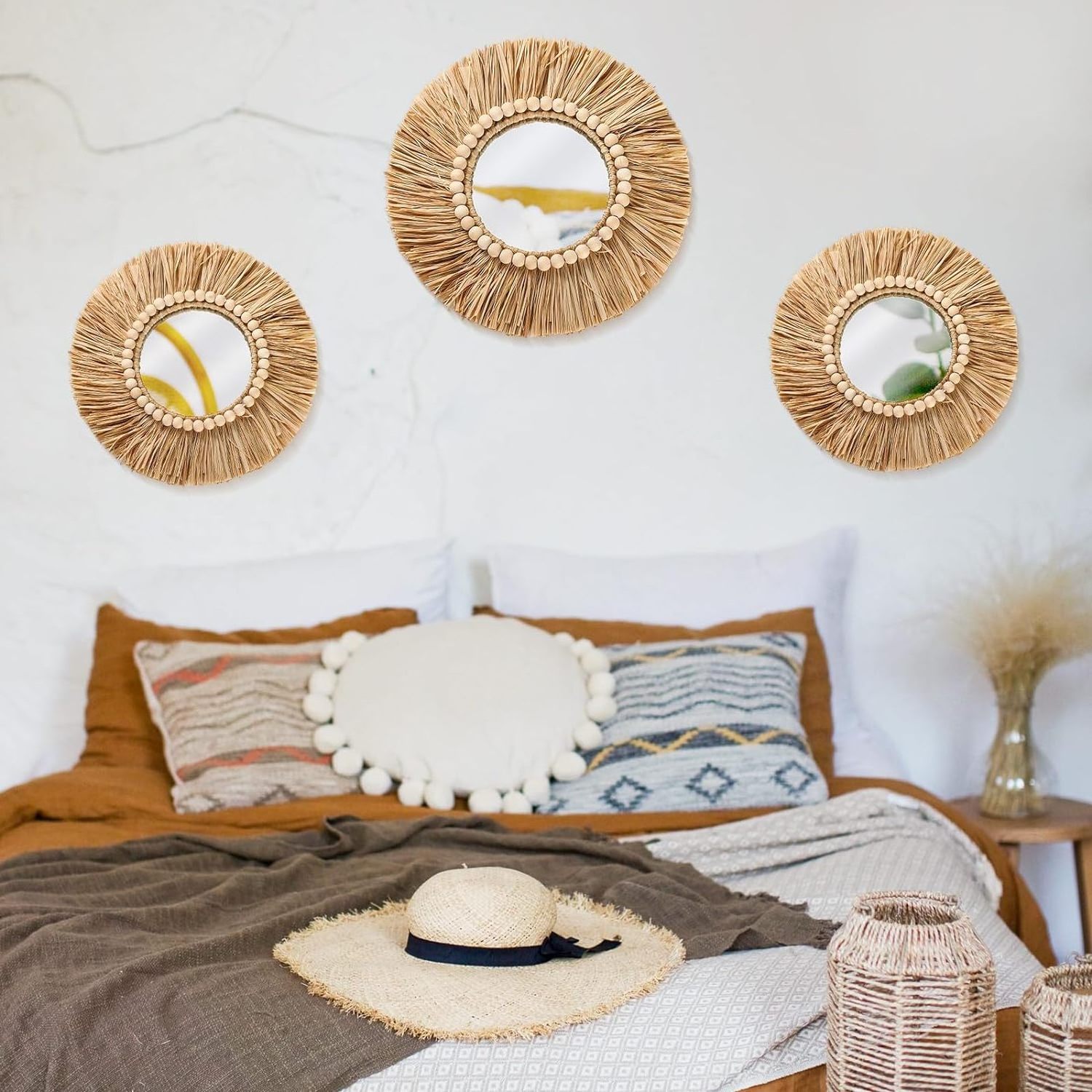 202405 Boho Raffia Mirror Wall Hanging Decor Rustic Round  Circle Mirrors  Farmhouse Aesthetic Nursery Mirrors for Wall Decor