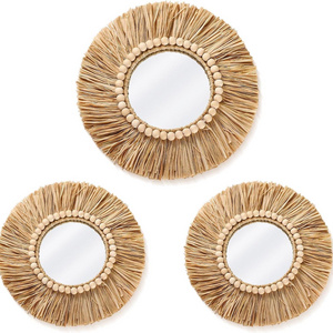 202405 Boho Raffia Mirror Wall Hanging Decor Rustic Round  Circle Mirrors  Farmhouse Aesthetic Nursery Mirrors for Wall Decor