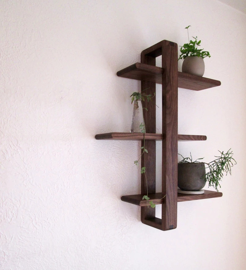 Mid century Modern Adjustable Handmade The Original Walnut Shift Shelf Solid Wood Wall Decor for Hanging Plants Art Books Photos