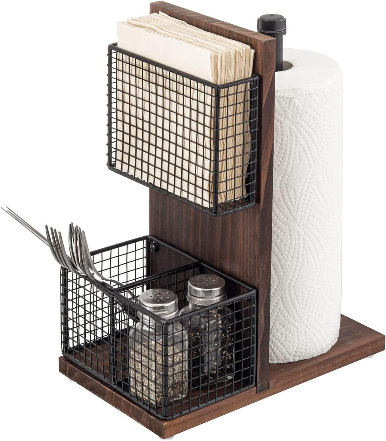 Rustic burned dark brown Solid Wood and Industrial Matte Black Metal Pipe Dining Combo Caddy with Paper Towel Roll Stand