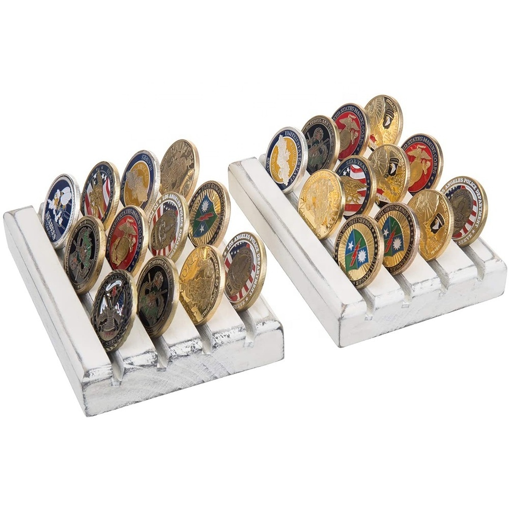 Latest Hot Sale 4 Row Torched Wood Military Challenge Coin Display Holder Stand 4x6x1inch