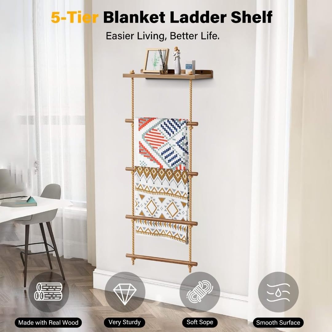 Farmhouse Blanket Holder Storage Ladder Quilt Rack 5-Tier Ladder Shelfc Rustic Decorative wall Wooden Blanket Ladder