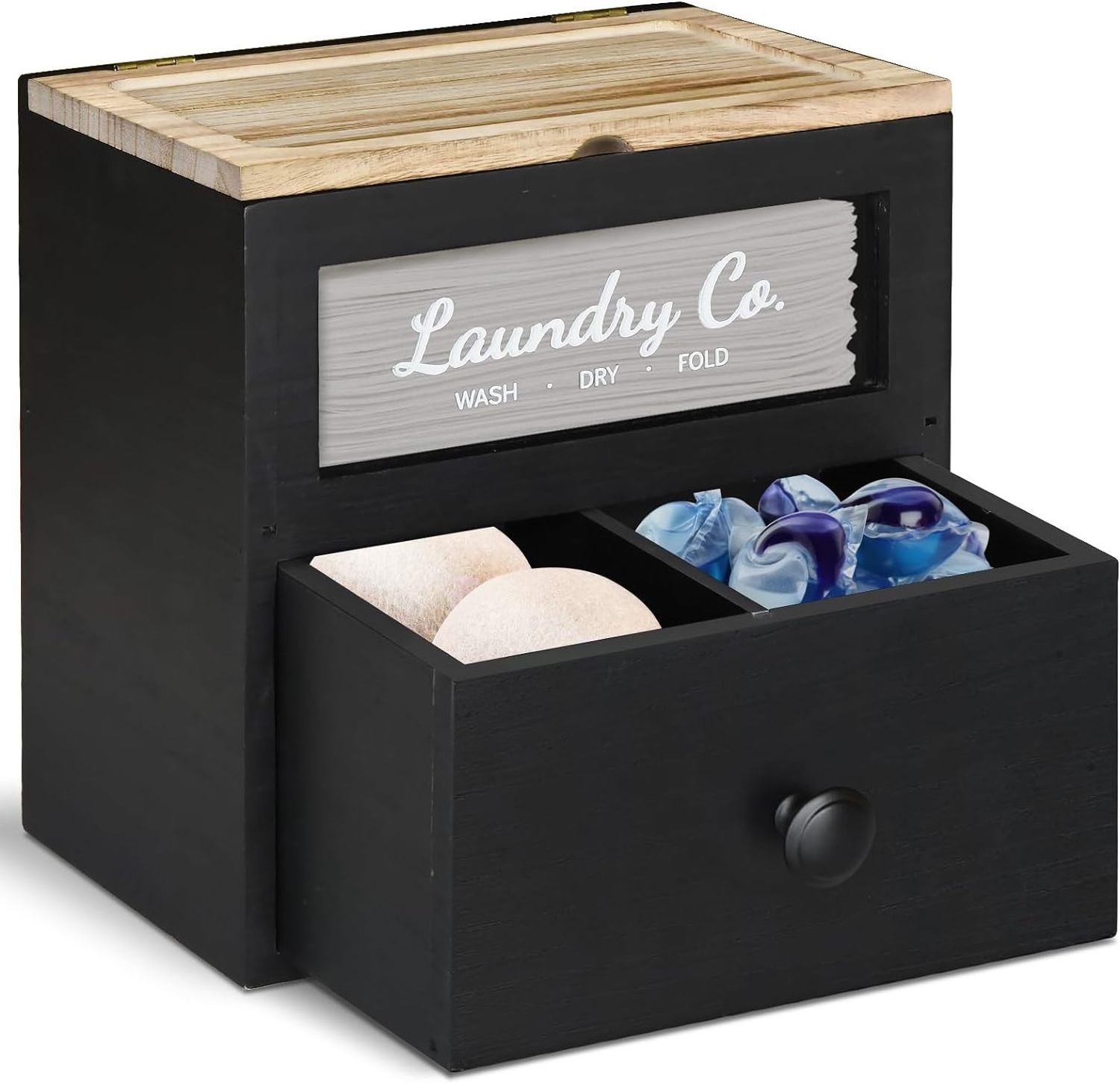 Customized solid wood dryer sheet holder laundry pods container storage box