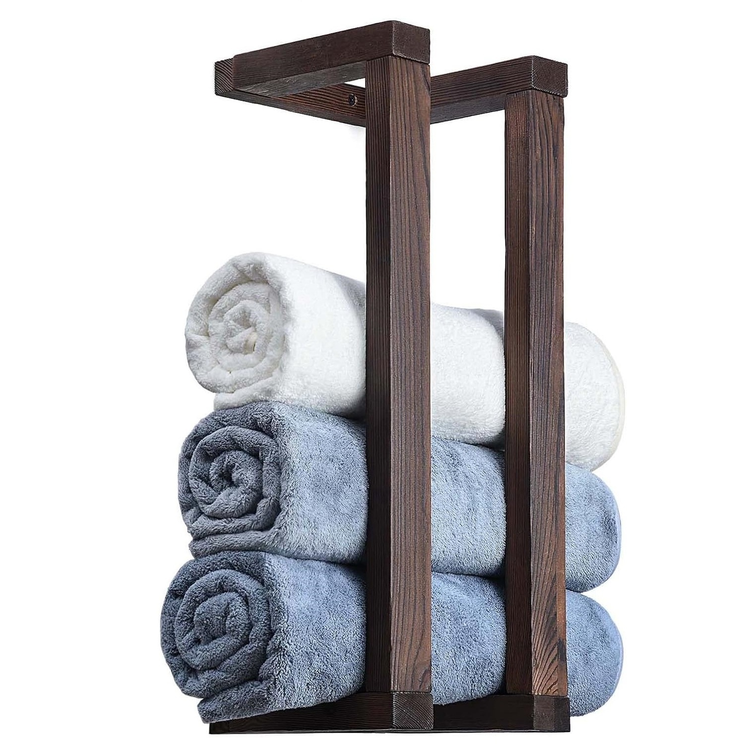 202405 Decorative Pine Wall Mounted Wooden Towel Rack for Bathroom Rolled Towels Organizer & Blanket Storage