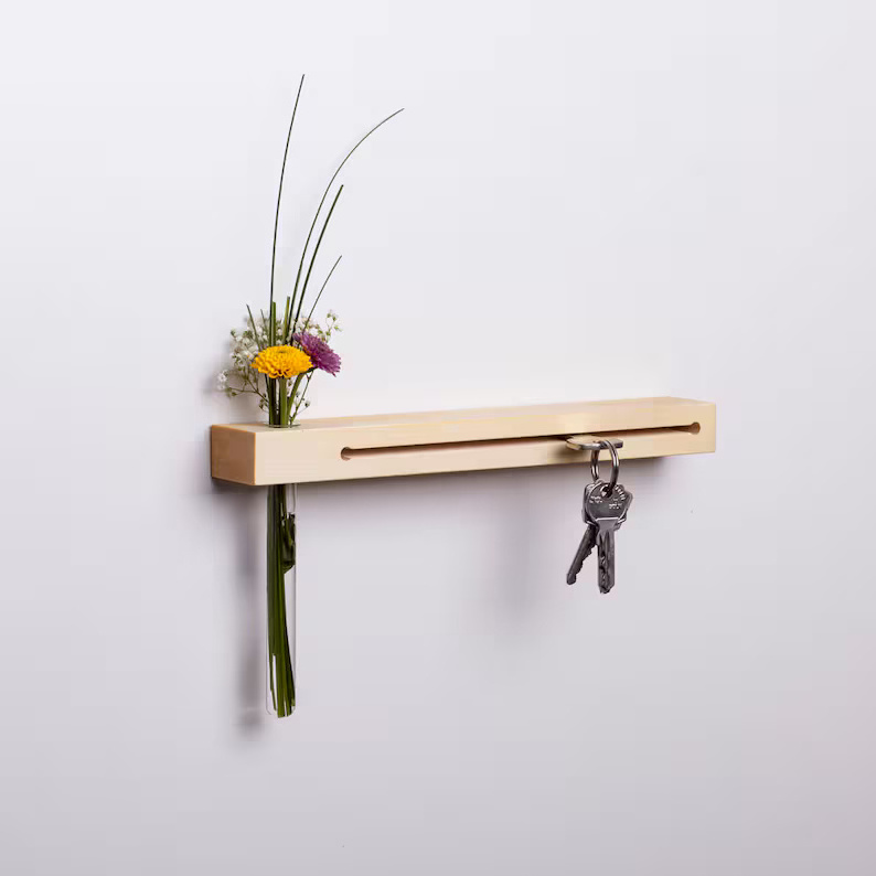 202405   Key Hooks Wall Decoration Board with Shelf Wooden Key Holder with Vase for Flowers