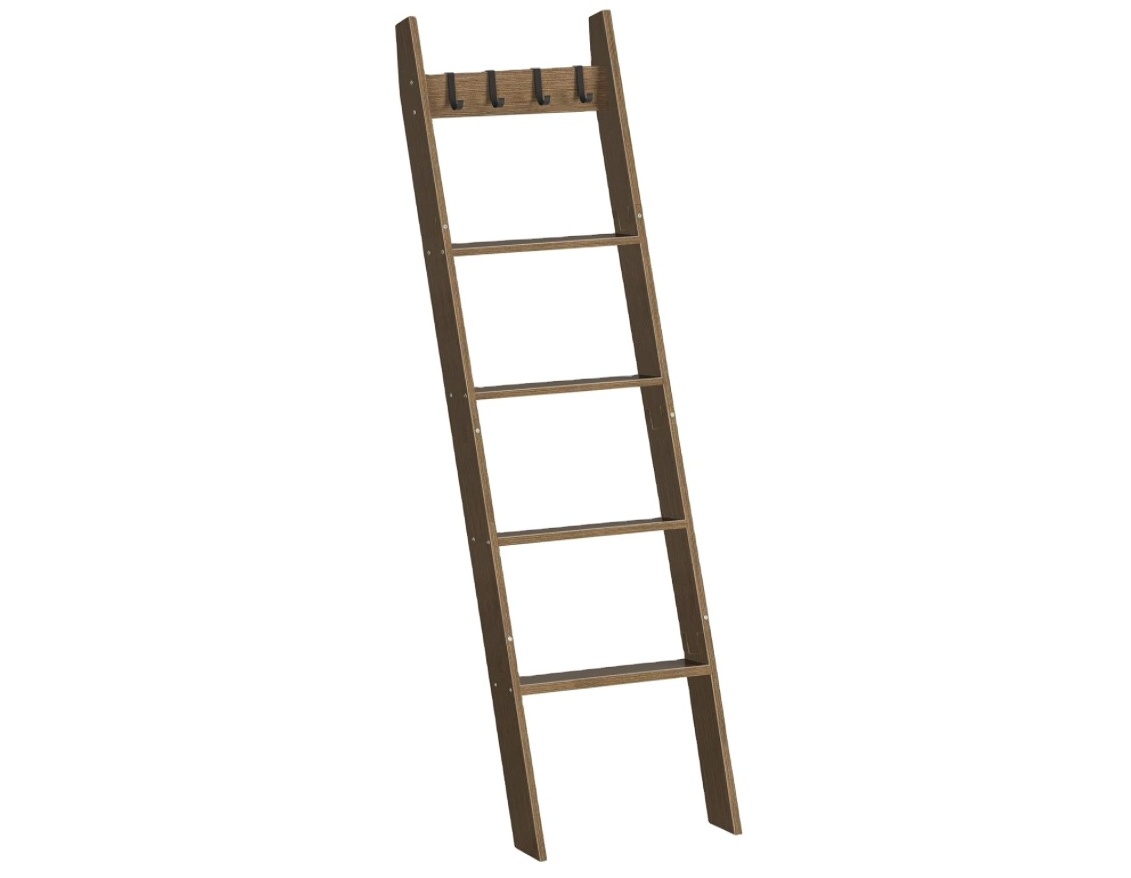 202405 Blanket Ladder, 5-Tier Wall Leaning Towel Rack, Decorative Ladder Shelf with 4 Removable Hooks