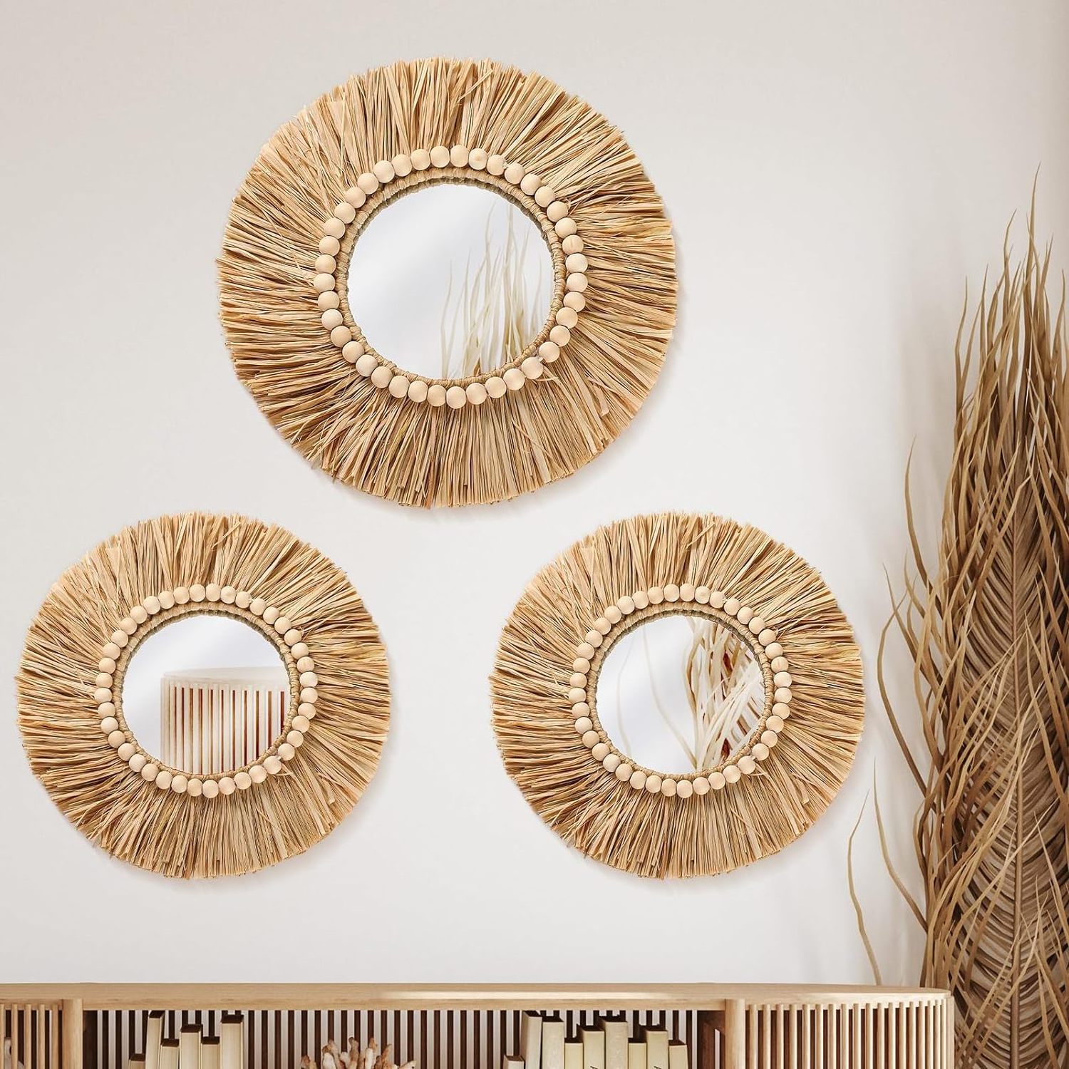 202405 Boho Raffia Mirror Wall Hanging Decor Rustic Round  Circle Mirrors  Farmhouse Aesthetic Nursery Mirrors for Wall Decor